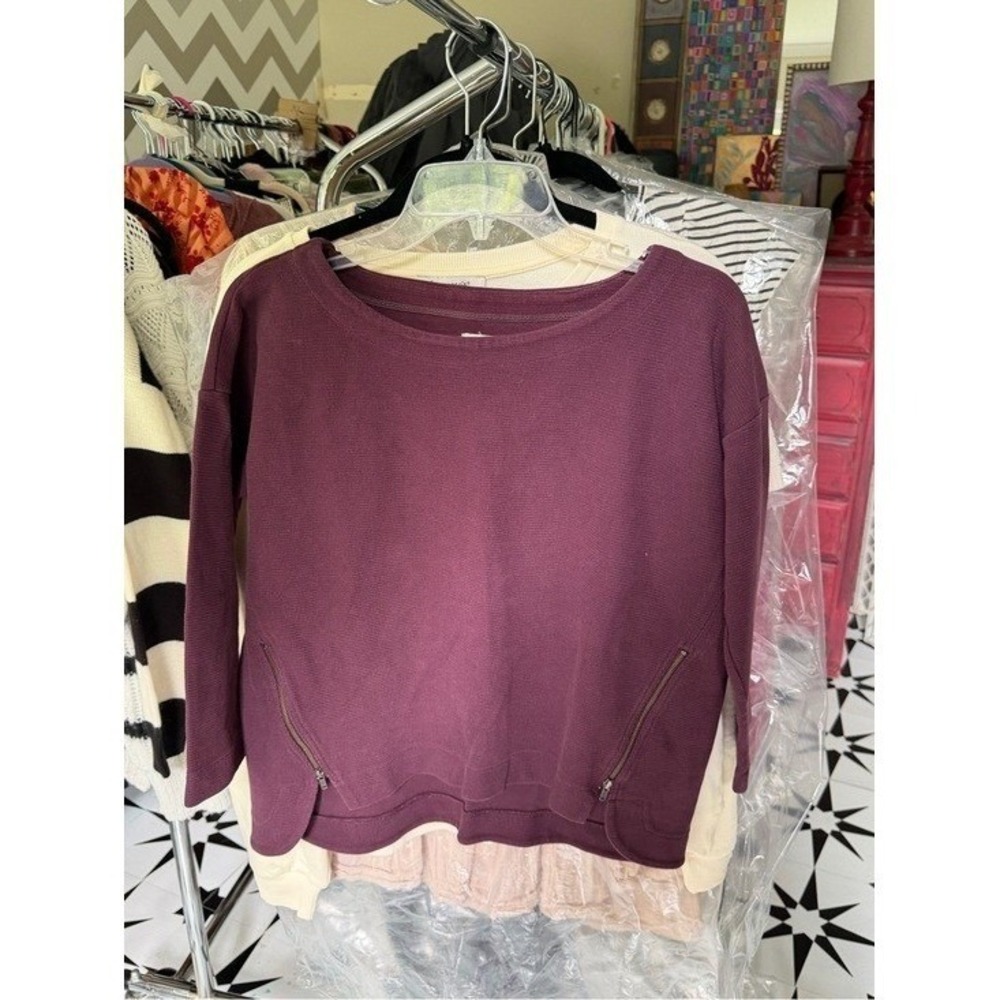 Madewell Women's Long Sleeve Crewneck Top in Deep Plum W/Zipper Accents Size S - Picture 7 of 9